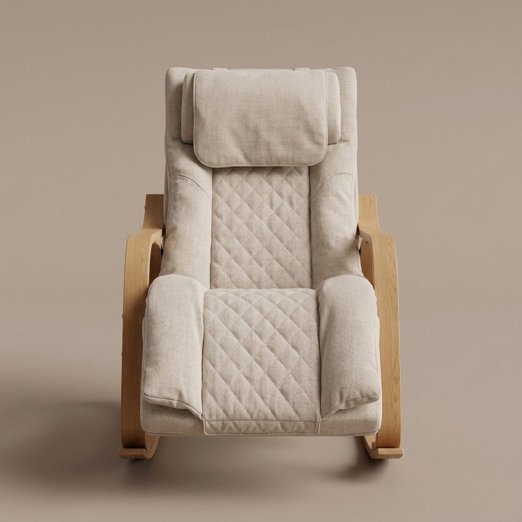 Abbraccio Nookrest massage rocking chair in Taupe linen-weave upholstery with a birch bentwood frame, front view