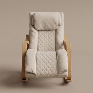 Abbraccio Nookrest massage rocking chair in Taupe linen-weave upholstery with a birch bentwood frame, front view