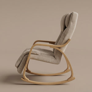 Abbraccio Nookrest massage rocking chair in Taupe, side profile showing the curved bentwood rockers