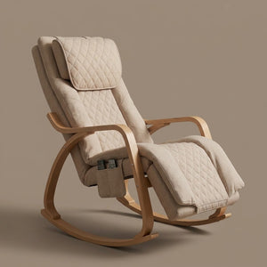 Abbraccio Nookrest massage rocking chair in Taupe with the footrest extended and remotes in the side pocket, three-quarter view