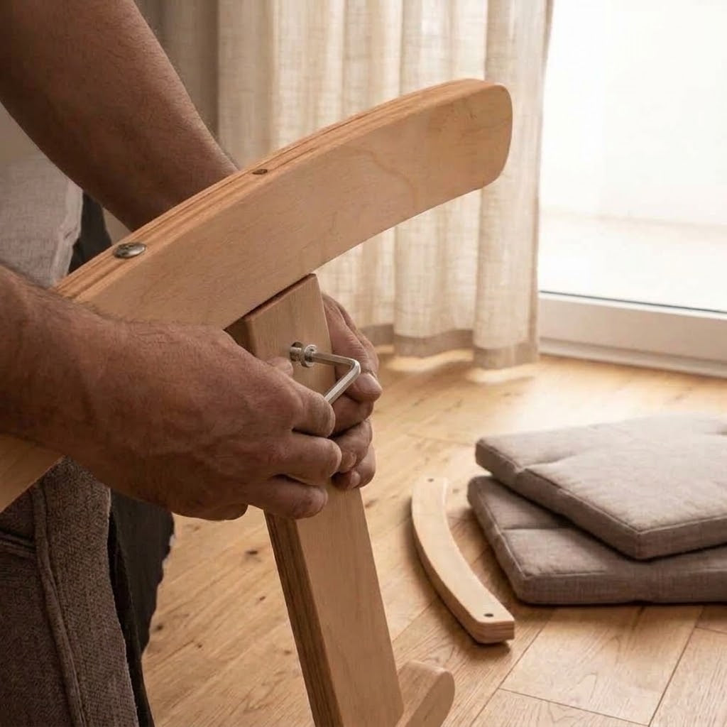 A hand fastening a bolt to join the finished wood frame and cushioned backrest of an Abbraccio Nookrest chair, assembled at home from finished pieces