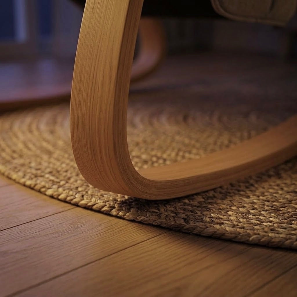 Abbraccio Nookrest bentwood rocking base, close detail, resting on a woven jute rug over light oak flooring