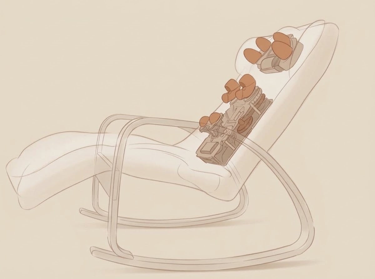 Transparent rendering of the Abbraccio Nookrest frame showing both massage mechanisms in place inside the seatback