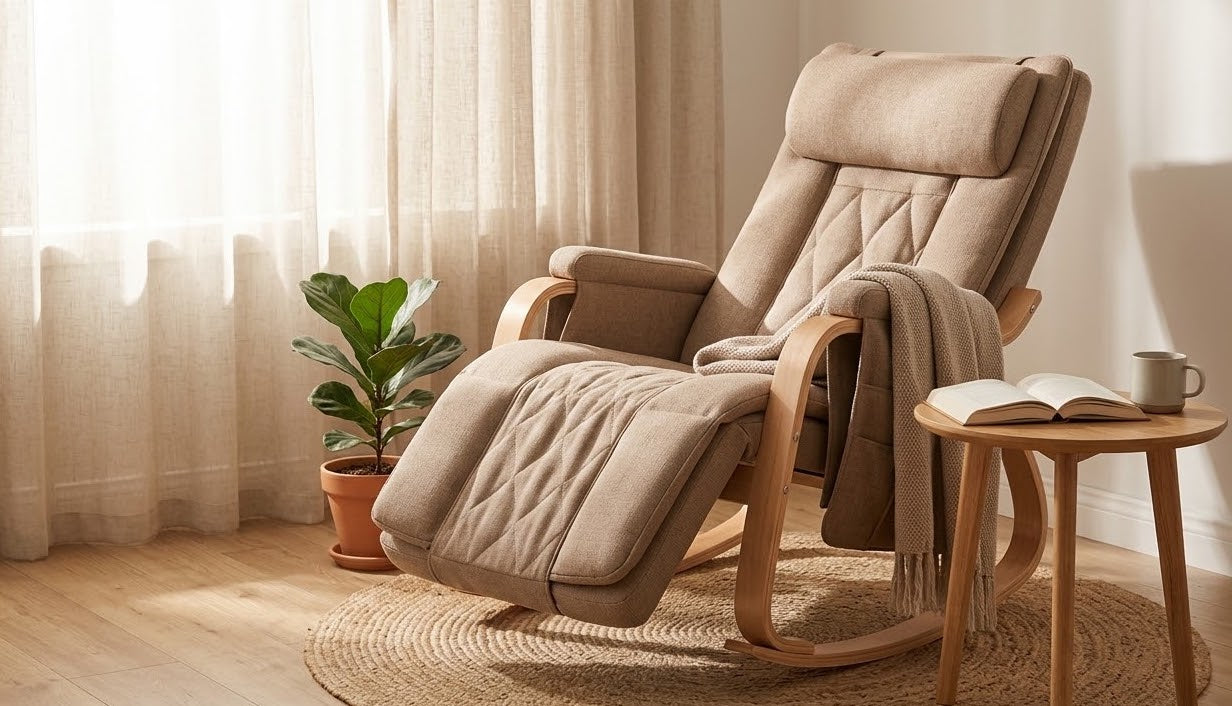 Abbraccio Nookrest rocking massage chair in a sunlit living room corner, three-quarter angle, footrest partially reclined, a throw draped over the arm, beside a jute rug and a side table with a book and a mug