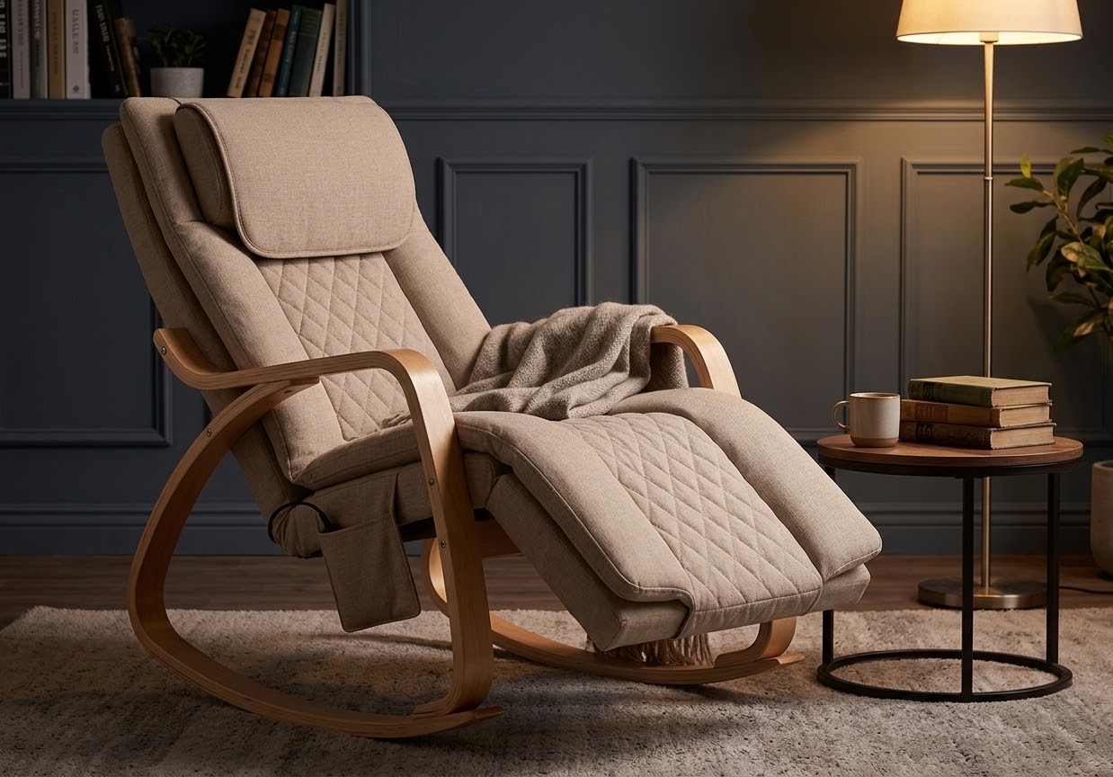 Abbraccio Nookrest rocking chair in a warm, lamp-lit evening reading corner, footrest extended, a blanket draped over the arm, beside a bookshelf and a side table with books and a mug