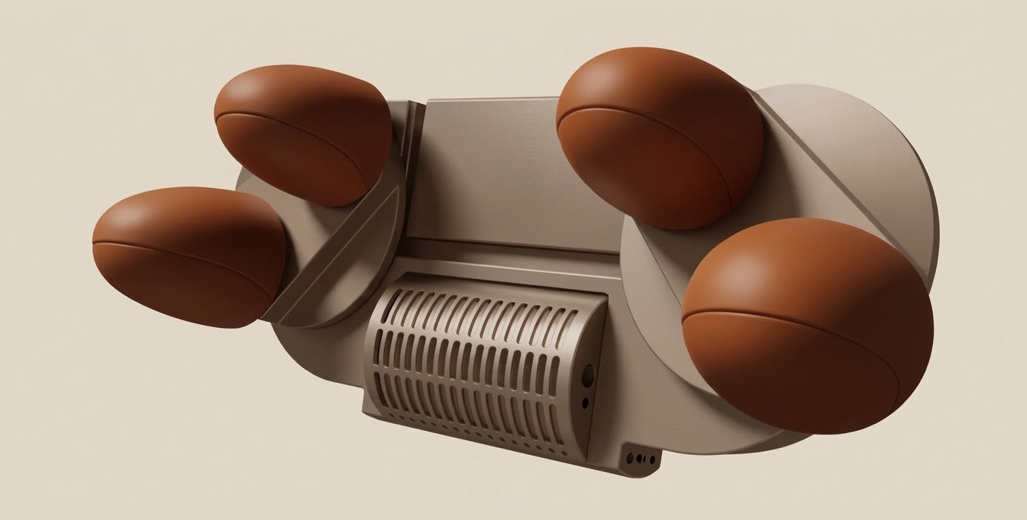 Rendering of the U-shape neck and shoulder massage mechanism, four rotating rollers
