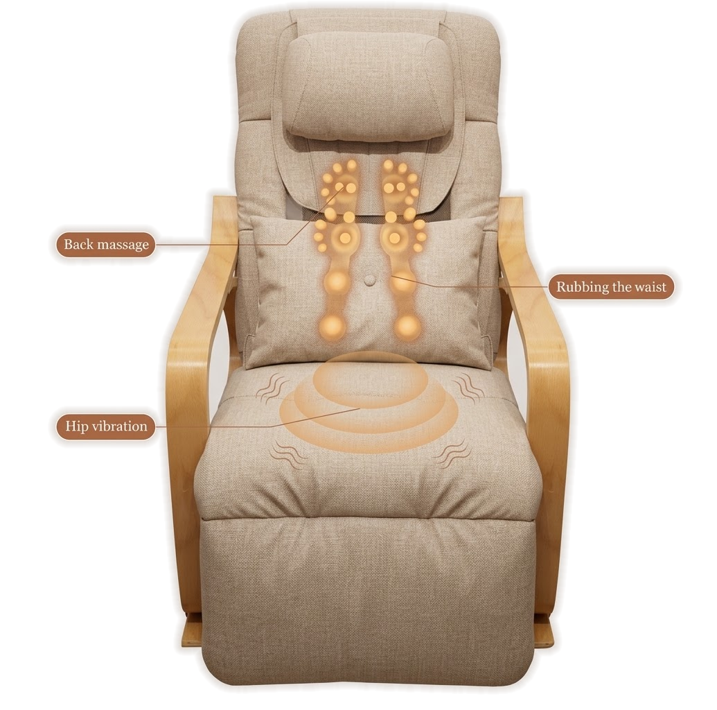 Labeled diagram showing back massage, waist rubbing, and hip vibration zones on Nookrest